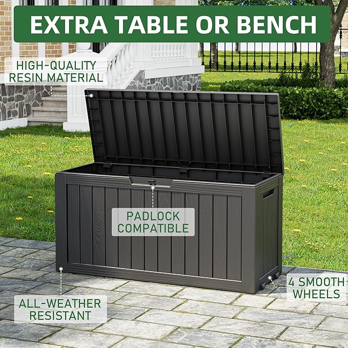 NUNU LAB Outdoor Storage Box, 80 Gallon Large Resin Sturdy Deck Box, Backyard Outside Storage Box Waterproof, Package Delivery Garden Hose Storage Bin Tool