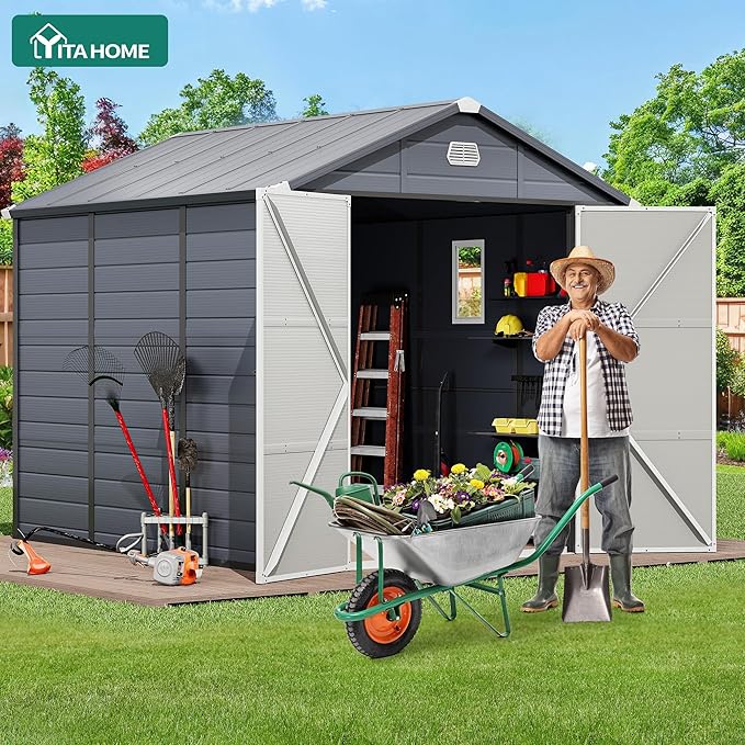 YITAHOME 8x9 FT Outdoor Storage Shed w/o Floor, All-Weather Plastic Shed with Lockable Doors, Window & Vents, Plastic Tool Shed for Backyard, Patio, Poolside, Lawn, Gray