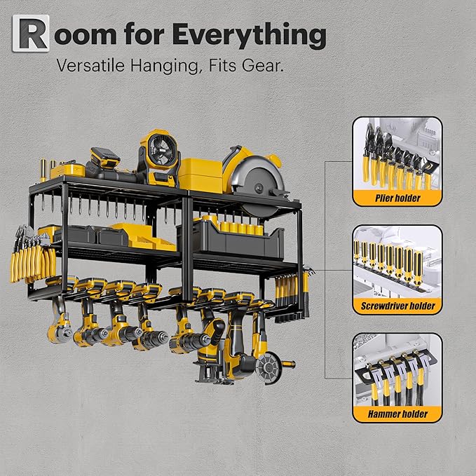 Power Tool Organizer, 15 Min Fast Assembly, 8 Slots 3 Layer Heavy Duty Metal & Max 150lb load Cordless Power Dill Holder in Garage/Workshop/Pegboard/Shed Suitable for giving for Father's Day