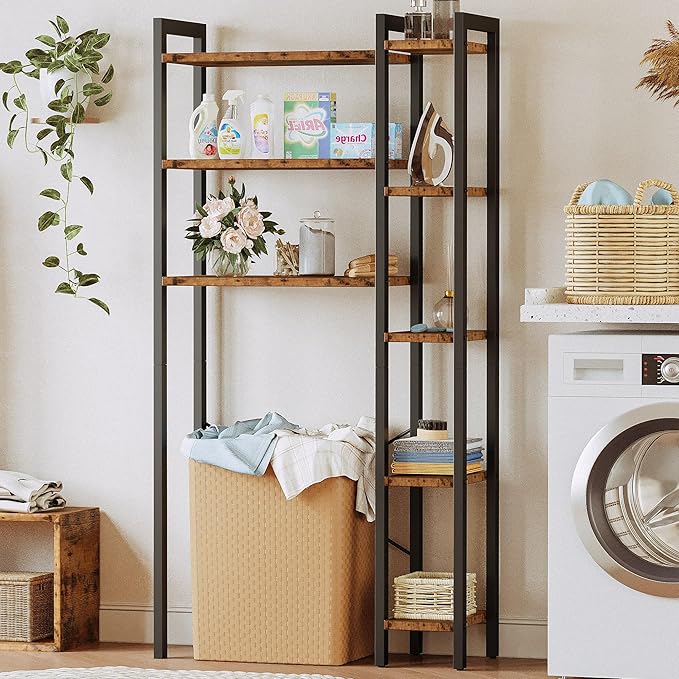 IRONCK Over The Toilet Storage with 8-Titer Shelf, Mass-Storage Side Storage Open Rack, Freestanding Bathroom Organizer Space Saver, for Bathroom, Restroom, Laundry, Vintage Brown