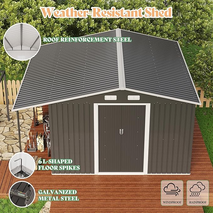 Jocisland 12x12x6.6 FT Galvanized Metal Storage Shed with Open Firewood Storage, Sliding Doors & Ramp, 2 Windows & Vents, Weather-Resistant Outdoor Tool/Garden Shed, Dark Grey/White