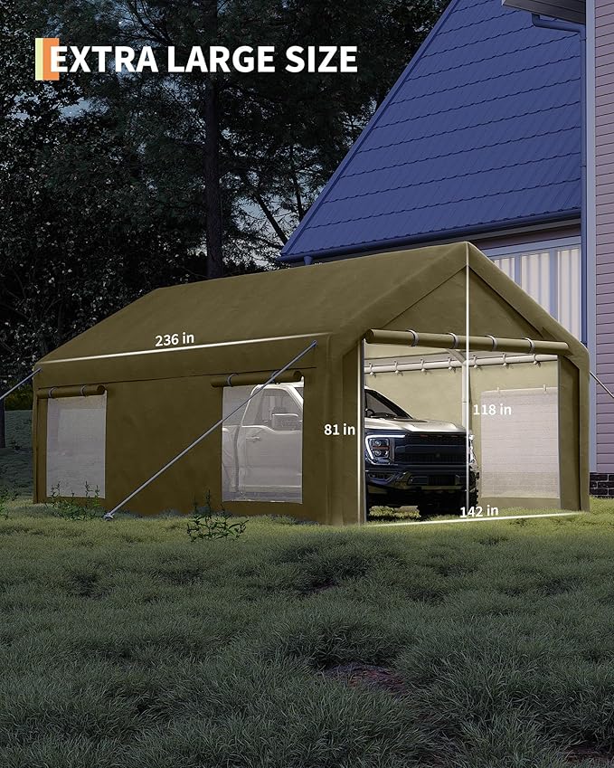 GarveeLife 12x20 ft Portable Garage, Car Port with 200 g PE Tarp Cover, with Front & Rear Roll-Up Doors and 4 Windows, for Temporary Paint Booth, Boats&Pickups Shed, and Event Shelter, Khaki