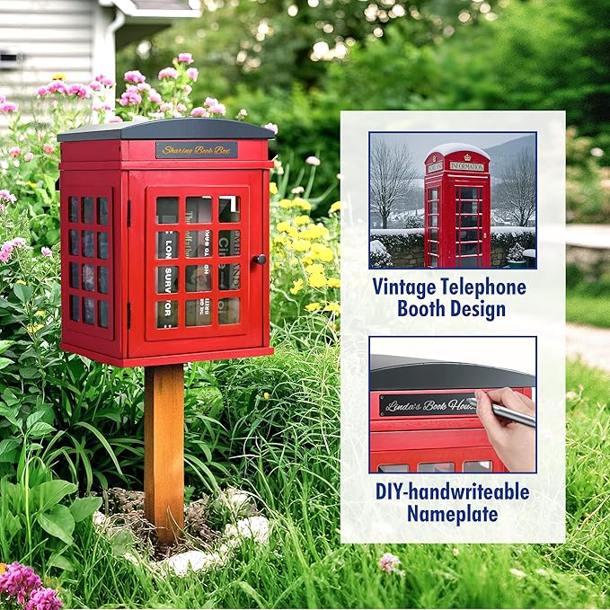 Outdoor Book Sharing Box, Waterproof Tin Roof Wooden Book Exchange Cabinet for Communities, Neighborhoods, and Schools, DIY Literature Storage for Books, Magazines, and Art (Red Tel. Booth)
