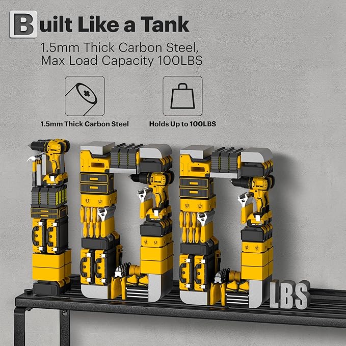 Heavy Duty Power Tool Organizer Wall Mount, 3-Layer Metal Rack with 4 Drill Holders, Garage Storage for Cordless Tools, Ultimate Christmas Gifts for Men, Husband, Dad, DIYers
