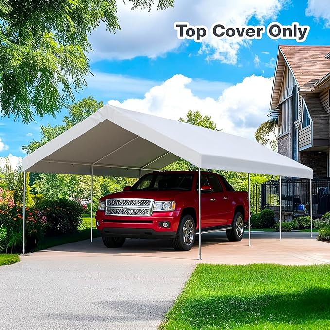 10x20 FT Carport Replacement Canopy Top Upgraded Car Port Canopy Cover for Carport Party Tent Waterproof & UV Protected, Easy Installation with Ball Bungees, White (Top Cover Only, Frame Not Included)
