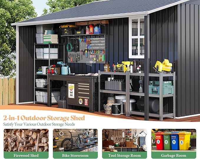 Jocisland Outdoor Storage Shed 10.6x10.3x6.3 FT, Sliding Door Shed with Dual 4-Pane Windows for Wood Storage, Dark Grey/White