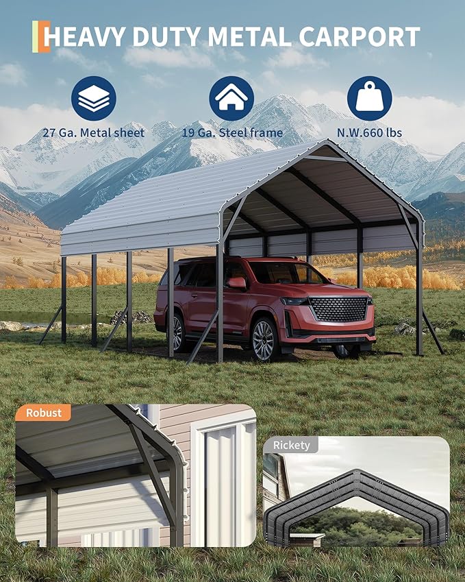 Garveelife 13 ft x21 ft x11 ft Oversized Metal Carport, Heavy Duty Metal Car Port for All-Weather, Steel Shed for Bass Boats, Pickup Trucks, and Tractors