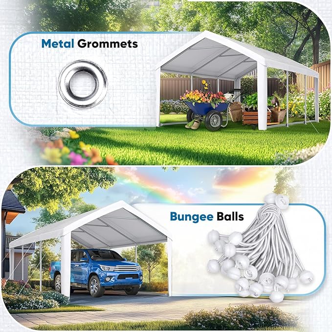 ADVANCE OUTDOOR 10x20 ft Carport Replacement Top Canopy Cover with Leg Cloth, Heavy-Duty Waterproof & UV Protected Car Garage Shelter Tent, Easy Installation with Ball Bungees, White, Roof Only