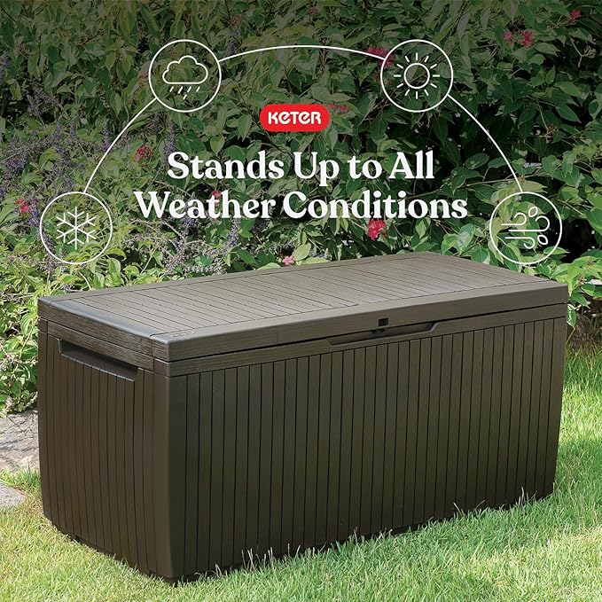 Keter Springwood 80 Gallon Resin Outdoor Storage Box for Patio Furniture Cushions, Pool Toys, and Garden Tools with Handles, Brown