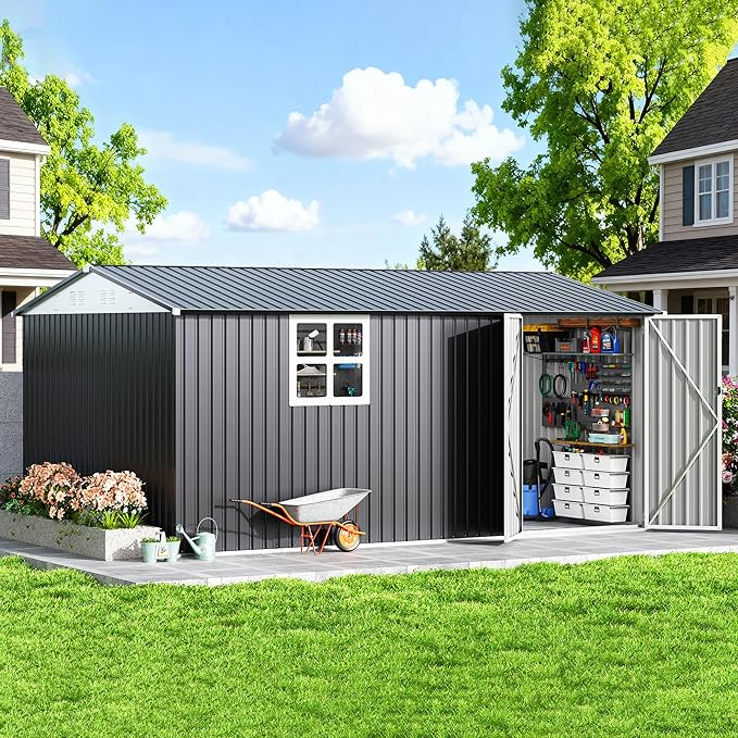 Polar Aurora 10X14 FT Metal Outdoor Storage Shed with Window, Heavy-Duty Galvanized Steel Garden Shed with Lockable Doors and 4 Vents, Large Weatherproof Tool Shed for Backyard Patio Outside, Black