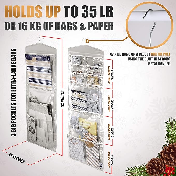 Large Double-Sided Hanging Gift Bag Organizer and Tissue Paper Holder (Grey)