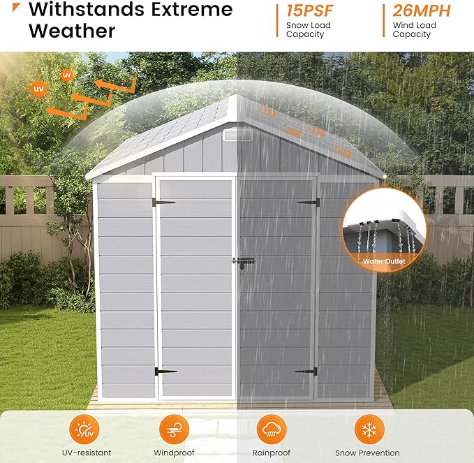 UDPATIO Storage Shed 8 x 10 FT, Resin Sheds & Outdoor Storage with Floor Large Clearance Outdoors Plastic Garden Tool Shed Tuff Outside Cottage Shed with Lockable Door for Bike, Garbage Gray White
