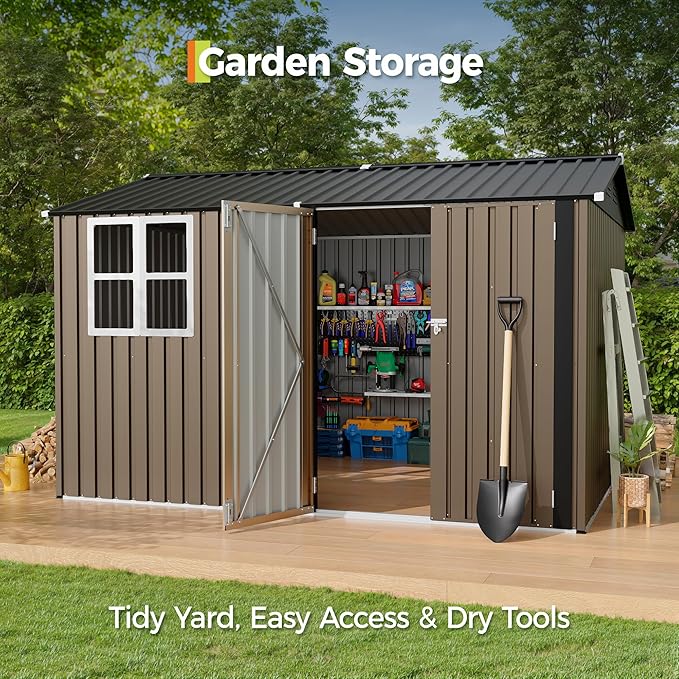 8x10 FT Outdoor Storage Shed,450CU.T Metal Tool Shed with Clear Window, Lockable Doors,Large Garden Storage Box with Sloping Roof，Sheds&Outdoor Storage for Backyard Garden Patio Lawn