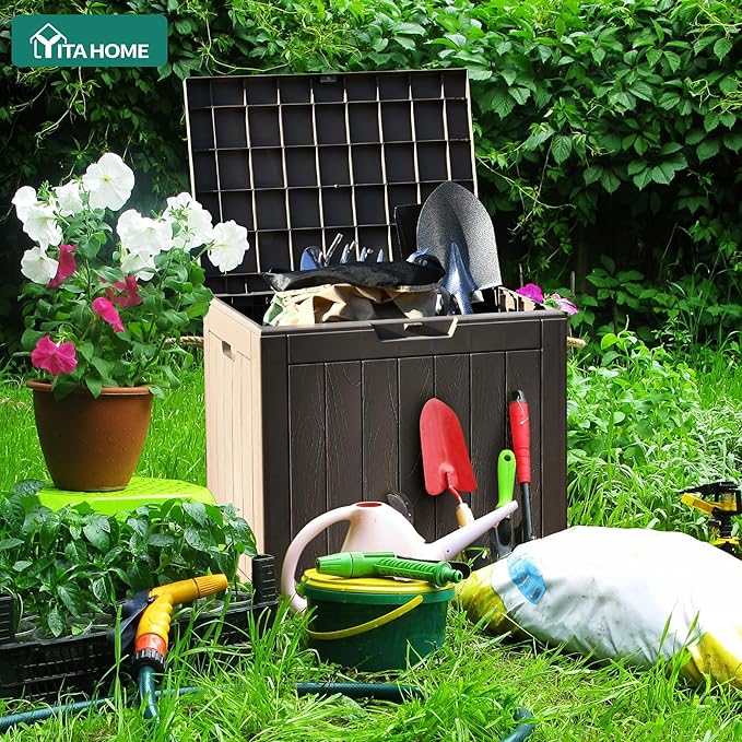 YITAHOME 31 Gallon Outdoor Storage Deck Box, Waterproof Resin Package Delivery and Storage Box with Lockable Lid for Patio Furniture Cushions, Pool Accessories, Garden Tools, Taupe