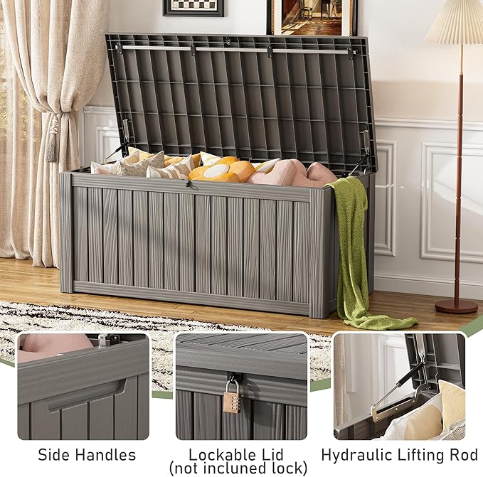150 Gallon Outdoor Storage Box, Resin Deck Boxes Outdoor Waterproof For Patio Furniture, Garden Tools, Pool Supplies, Lockable And UV Resistant (Striped Gray)