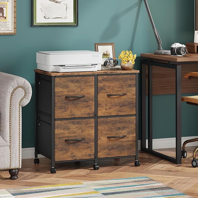4 Drawer Lateral File Cabinet, Mobile Filing Cabinet for Large Printer, Home Office Functional Small Office Storage Cabinet & Printer Stand, Fits Letter/A4, Rustic Brown