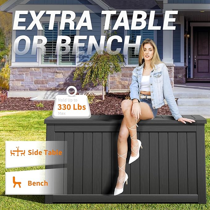 240 Gallon Outdoor Storage Box, Resin Deck Boxes Outdoor Waterproof For Patio Furniture, Garden Tools, Pool Supplies, Lockable And UV Resistant (Striped Black)