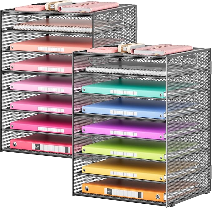 Lavatino 2 Pack 8-Tier Office Desk File Organizer, Letter Tray Paper Organizer with Handle, Including 5 Adjustable Slide Trays for Organizing Desk Workspace Accessories and Supplies (Grey Metal Mesh)