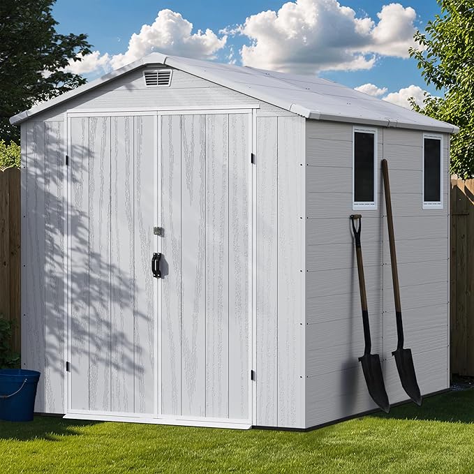 Greesum 6x8FT Plastic Outdoor Storage Shed with Floor, Resin Sheds with Lockable Double Door, Tool Sheds with Window and Vents, for Garden, Backyard, Patio, Light Gray