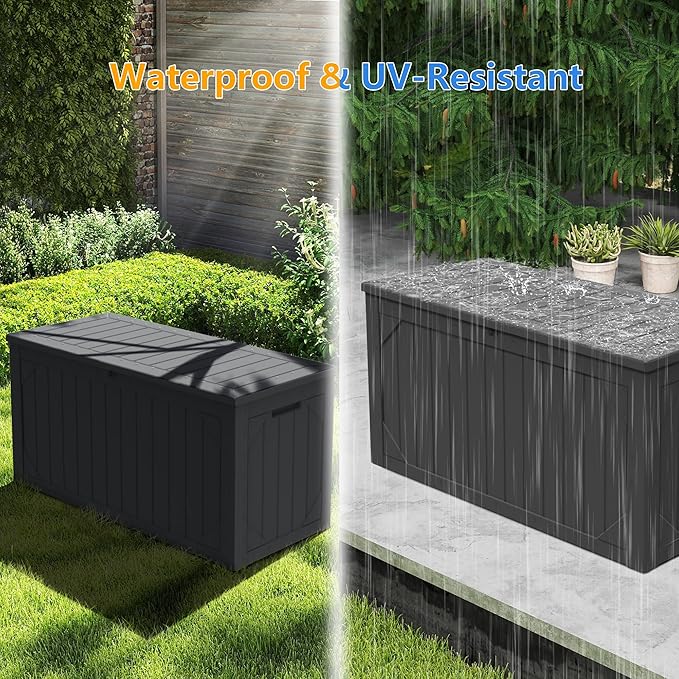 Outdoor Storage Box Waterproof, 100 Gallon Lockable Resin Deck Box Large Storage Bin for Patio Furniture Cushion, Garden Tools, Pool Accessories, UV-Resistant Outside Delivery, Black