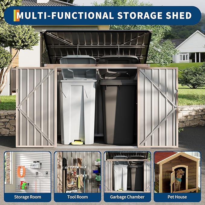 3x6 FT Metal Trash Can Shed, 2-Bin Outdoor Garbage Storage with Chain Lid, Weather-Resistant Bin Enclosure for Garden/Backyard/Patio