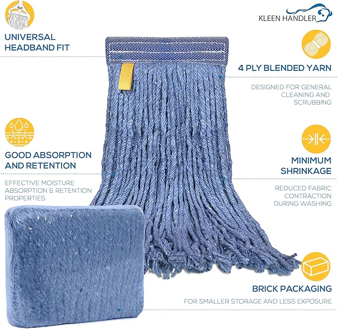 Pack of 6 Cut End Blended Mop Head Replacement, 1.25-inch Universal Headband, Wet Mop Refills, Blue, 16 Oz