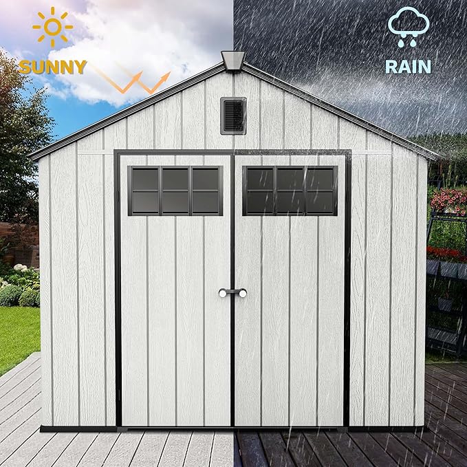 DWVO 8x10 FT Outdoor Storage Shed with Vision Grid Door Panel, 544 cuft Plastic Storage Shed with Floor & Vent, 16mm Heavy Duty Tool Garden Shed for Patio Supplies, Lawn Mower, Bikes, Dark Gray