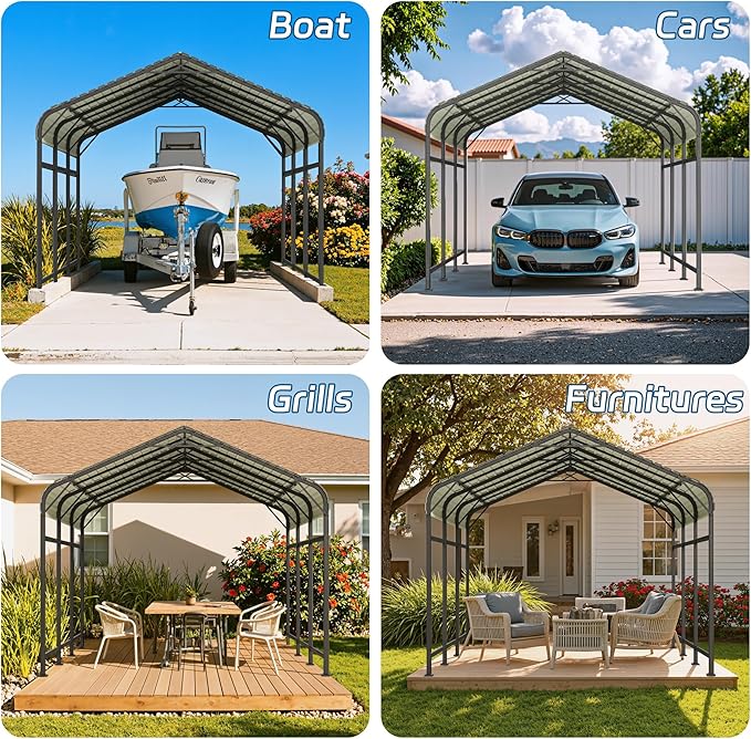 Patiowell 10'x15' Metal Carport, Heavy Duty Carport Canopy with Reinforced Frame and Galvanized Steel Roof, All-Weather Outdoor Car Shelter for Car, Truck, Boat and Tractor, Black