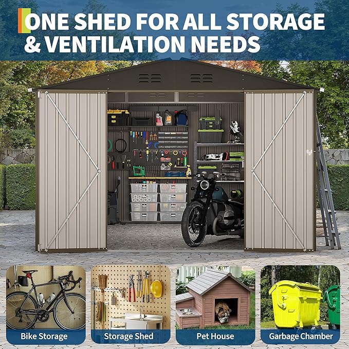 GarveeLife 10 x 12 FT Metal Storage Shed for Outdoor with Floor Frame&Clear Window,Steel Yard Shed with Design of Lockable Doors, Utility and Tool Storage for Garden, Backyard, Patio, Outside, Brown