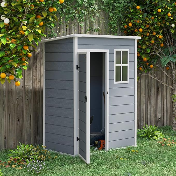 Outsunny 5' x 3' Outdoor Storage Shed, Waterproof Resin Plastic Shed with Floor, Window, Lockable Door and Vents, All-Weather Garden Tool Shed for Backyard, Patio, Lawn, Gray