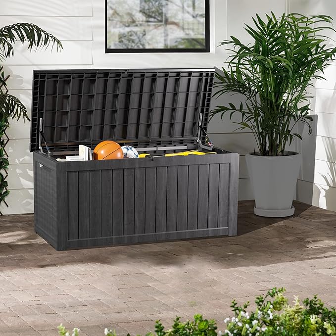 270 Gallon Lockable Resin Outdoor Storage Box, Waterproof & Weather Resistant Deck Box for Patio Cushion, Garden Tools & Pool Accessories, Black