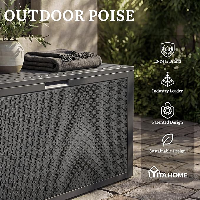 YITAHOME 90 Gallon Outdoor Deck Box, Lockable Resin Deck Box with Handles, Outdoor Storage Box for Patio Furniture, Garden Tools, Waterproof & UV Resistant, Dark Grey