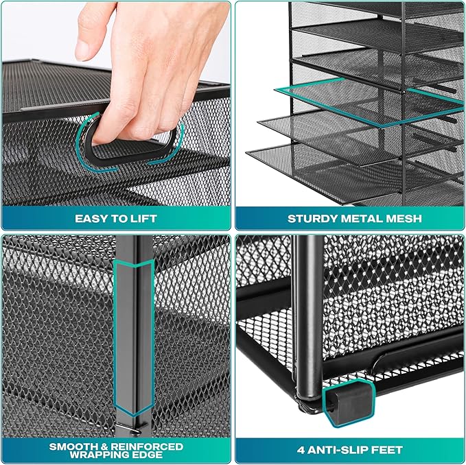 8 Tier Paper Letter Tray Organizer with Handles, Mesh Desk File Holder Storage Organization for Home School Classroom & Office (Black-2Pack)