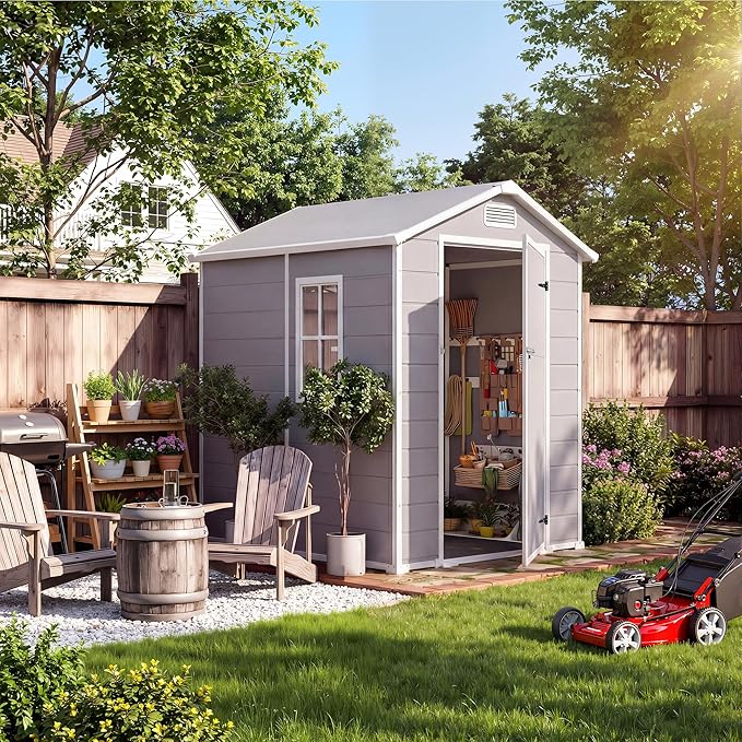 4x6 FT Outdoor Storage Shed with Floor, Plastic Resin Garden Shed with Window & Sloping Roof & Lockable Door for Patio Backyard Garden, Lawn Mower, Bike, Tool Storage