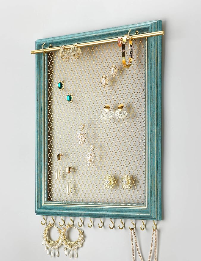 Heesch Hanging Earring Organizer Frame Wall Mounted Jewelry Holder Vintage Rustic Stud Earring Display with Removable Rod and 12 Hooks for Necklaces, Bracelets and Rings (Teal)