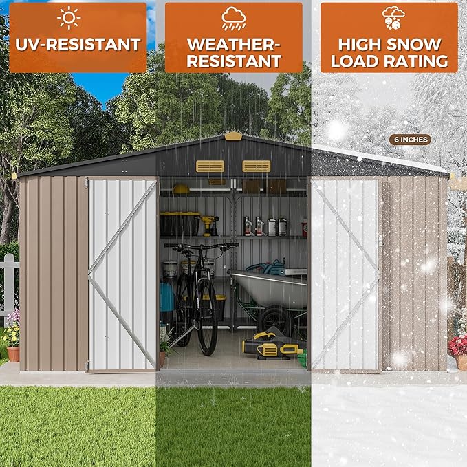 IRONCK 10x12FT Outdoor Storage Shed, Metal Garden Tool Shed with Breathable Vent and Lockable Doors, Outside Storage for Backyard, Poolside, Patio, Brown