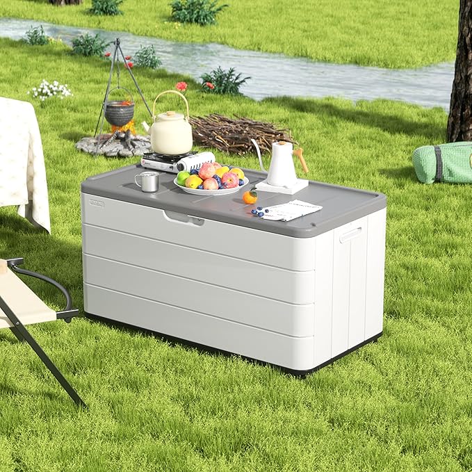 Outdoor Storage Deck Box Waterproof, 110 Gal Wheels Large Lockable Patio Storage Bin Chest, Resin Outside Container Seat Bench for Furniture Cushions, Pool Accessories, Garden Tools & Delivery, White