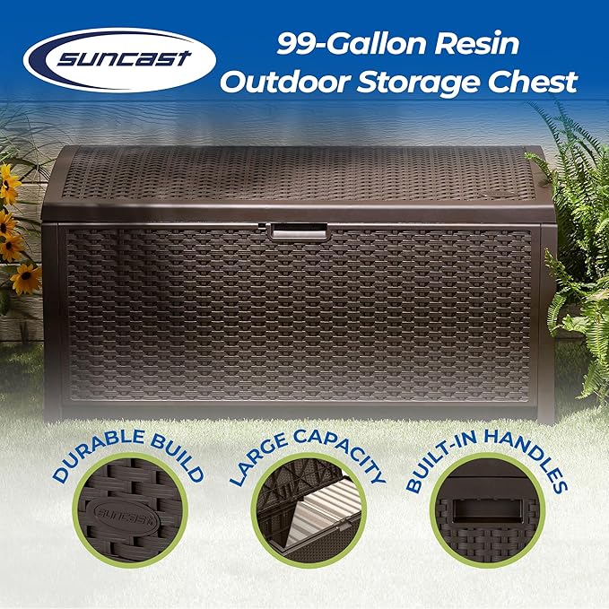 Suncast 99 Gallon Deck Garden Garage Home Wicker Resin Pool Box, Mocha (3 Pack)