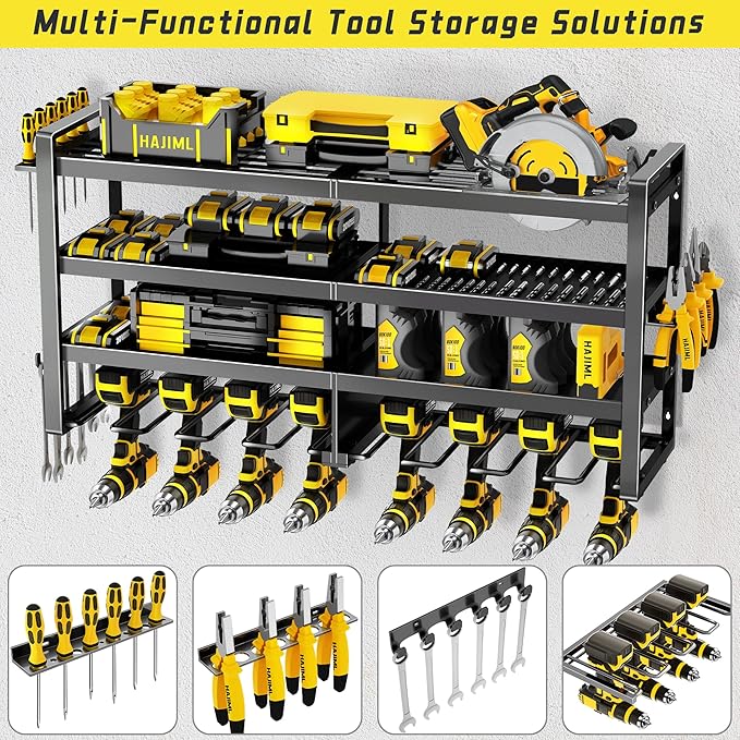 Power Tool Organizer Wall Mount,4 Layers Heavy Duty Storage Rack with 8 Drill Holder, Easy Installation, Tool Organizer Wall Mount for Garage Workshop and Home Organization.