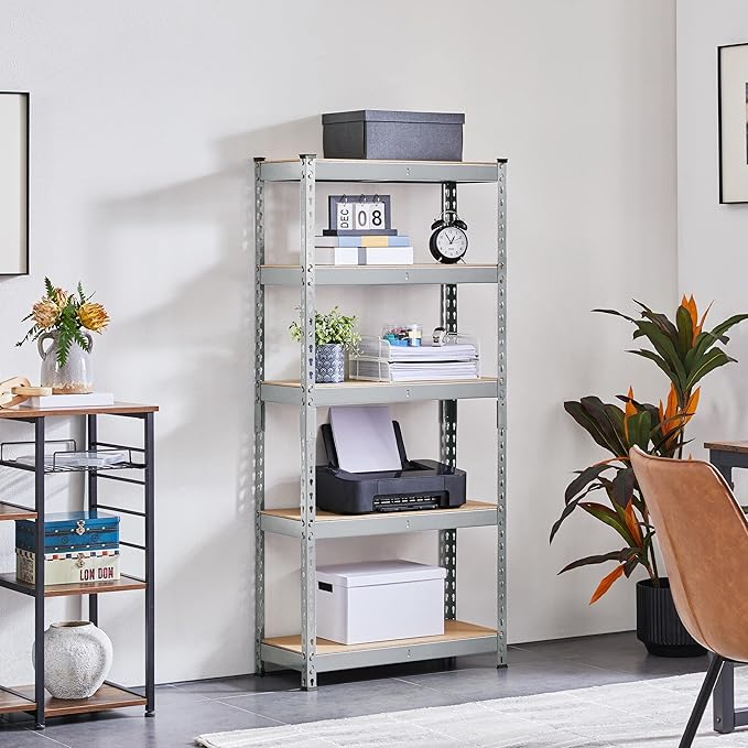 Topeakmart 5-Tier Utility Shelves, Metal Storage Shelves, Adjustable Shelving Units, Boltless Assembly, Garage Shelves Shed Shelving for Warehouse Garage Shed Basement- Light Gray, 27.5 x 12x 60 Inch