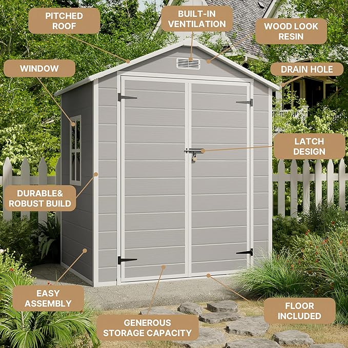 Gizoon 6x4.4 FT Outdoor Storage Shed with Floor, All-Weather Resin Garden Shed with Lockable Doors & Windows, Plastic Tool Sheds for Patio, Lawn & Garden (Grey)
