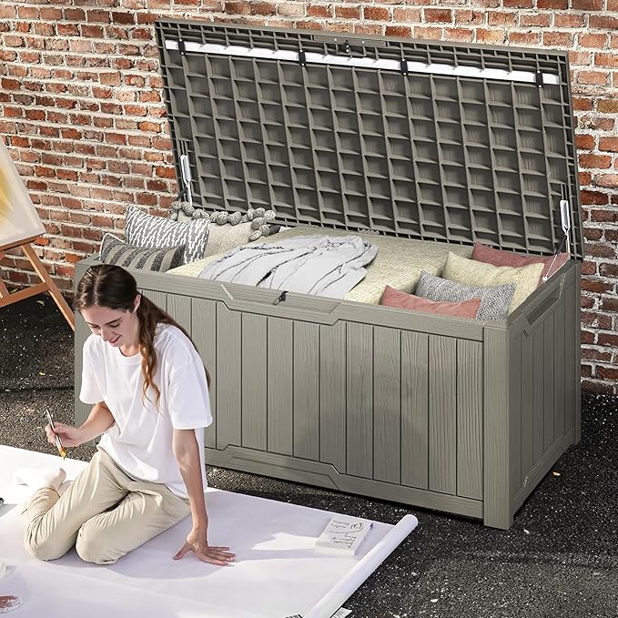 DWVO 120 Gallon Outdoor Storage Deck Box, Weather-Resistant Resin, Versatile for Patio Furnishings, Outdoor Cushions, Garden Tools, and Sports/Pool Gear (Light Brown)