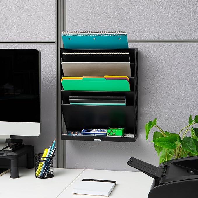 Mind Reader 5-Tier Vertical File Storage, Desktop Organizer, Wall Mount, Office, Plastic, 13"L x 4.25"W x 16"H, Black