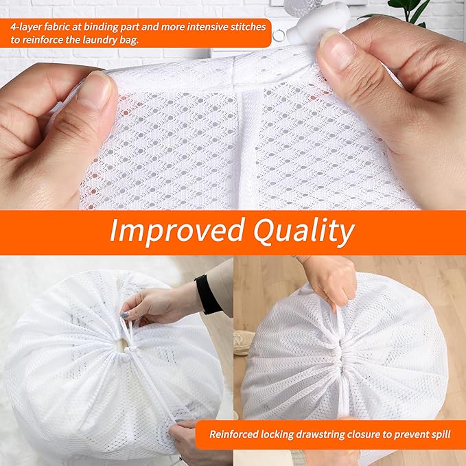 Polecasa Extra Heavy Duty Large Diamond Mesh Laundry Bags with Drawstring Closure & ID Tag, 24 x 36 inches Washable Storage Bag for College, Travel, Sports, Dorms, White (Pack of 2)