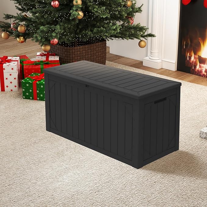 Outdoor Storage Box Waterproof, 100 Gallon Lockable Resin Deck Box Patio Storage Bin for Pool Accessories Cushion Furniture, Garden Tools, UV-Resistant Outside Delivery, Black