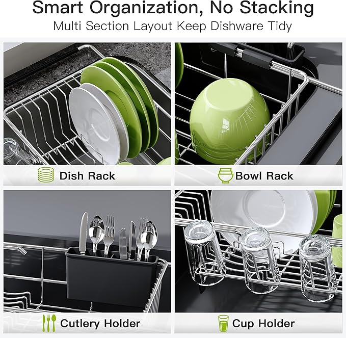 JASIWAY Dish Drying Rack in Sink, Expandable Stainless Steel Dish Drainers for Kitchen Counter, Dish Dryer Rack for Inside Sink, Over The Sink Dish Racks with Utensil Holder, Silver