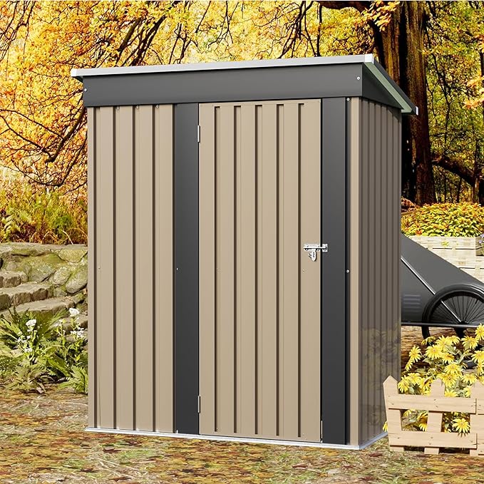 JUMMICO Metal Outdoor Storage Shed 5 x 3 FT Metal Shed with Lockable Door,Waterproof Garden Tool Shed Storage House for Backyard Patio Lawn, Brown