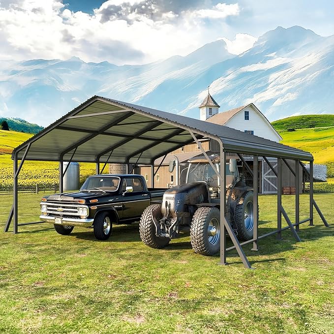 Wisteria Lane 20'x20' Metal Carport with Updated Roof & Enhanced Base, Heavy Duty Canopy Carport Garage, Vertaile for Car, Truck, Boat, Tractors, Party, Dark Gray