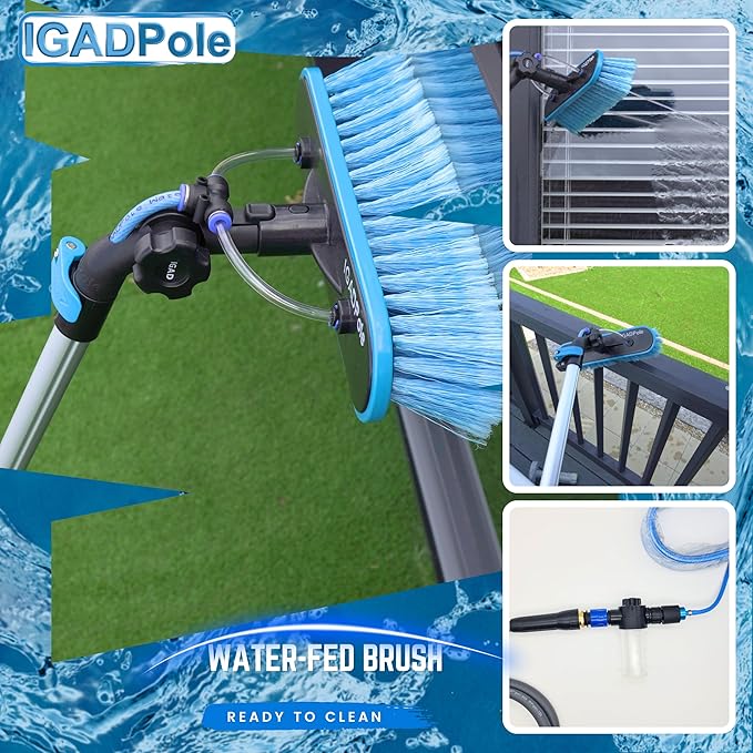 IGADPole 17 FT Water-Fed Washing Kit with Soap-Dispenser, Brush, 10″ Squeegee & Cobweb Duster for Windows, Gutters, Solar Panels & Exterior Walls