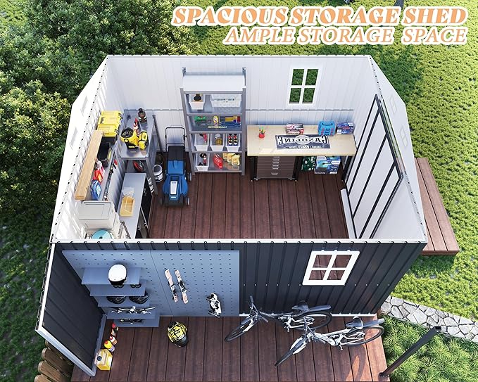 Jocisland Outdoor Storage Shed 10.6x10.3x6.3 FT, Sliding Door Shed with Dual 4-Pane Windows for Wood Storage, Dark Grey/White